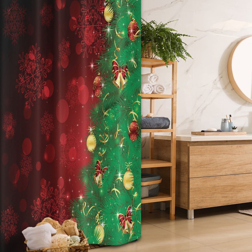 Ambesonne Christmas Stall Shower Curtain, Trippy Xmas Tree Backdrop Traditional Themed Jingle Artisan Design Print, Fabric Bathroom Decor Set with Hooks, 36" W x 72" L, Burgundy and Green