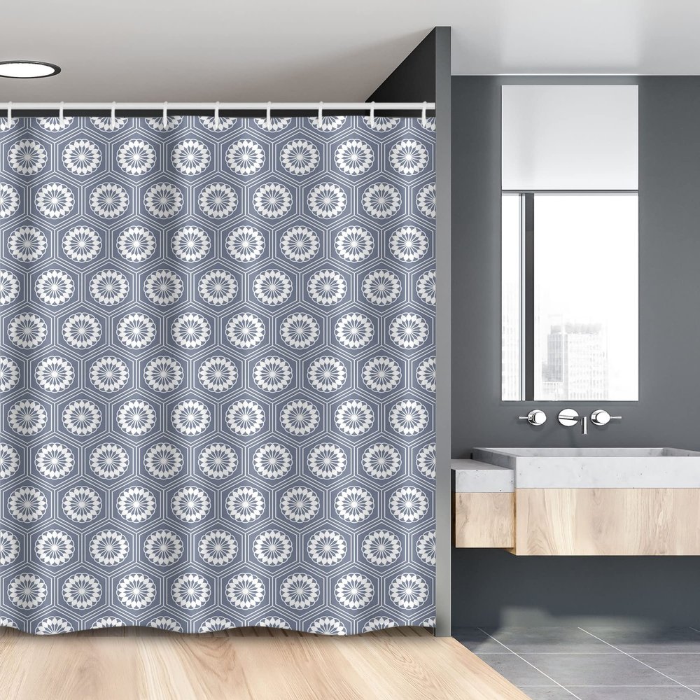 Ambesonne Geometric Stall Shower Curtain, Pale Toned Hexagon Shapes with Floral Elements Japanese Culture Inspired Pattern, Fabric Bathroom Decor Set with Hooks, 54" W x 78" L, Grey White