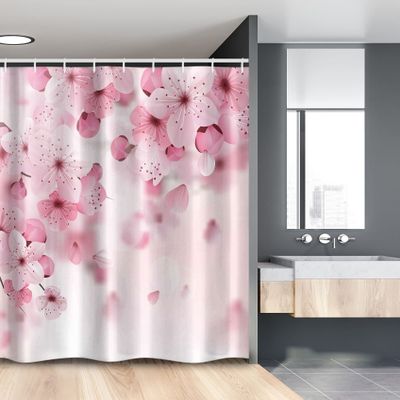 Ambesonne Floral Stall Shower Curtain, Japanese Sakura Flowers Blossoms Eastern Spring Nature Theme Illustration, Fabric Bathroom Decor Set with Hooks, 54" W x 78" L, Pale Pink Pale Pink