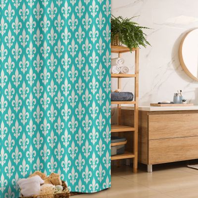 Ambesonne Fleur de Lis Stall Shower Curtain, Classic Fleur de Lis Motif with Victorian Rococo Style Effects, Fabric Bathroom Decor Set with Hooks, 36" W x 72" L, Turquoise and Beige