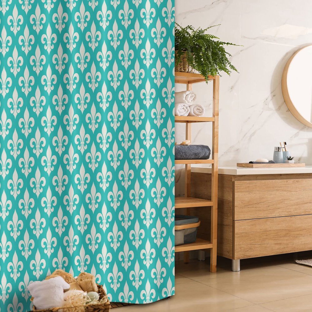 Ambesonne Fleur de Lis Stall Shower Curtain, Classic Fleur de Lis Motif with Victorian Rococo Style Effects, Fabric Bathroom Decor Set with Hooks, 36" W x 72" L, Turquoise and Beige