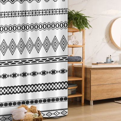 Ambesonne Tribal Stall Shower Curtain, Ethnic Abstract Geometric Forms Stripes Aztec Effects Folkloric Design Print, Fabric Bathroom Decor Set with Hooks, 36" W x 72" L, White Black