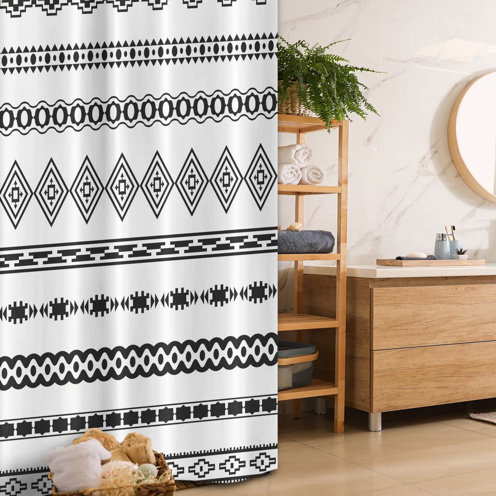 Ambesonne Tribal Stall Shower Curtain, Ethnic Abstract Geometric Forms Stripes Aztec Effects Folkloric Design Print, Fabric Bathroom Decor Set with Hooks, 36" W x 72" L, White Black