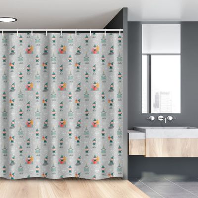 Ambesonne Christmas Stall Shower Curtain, Elves Skiing Merry Xmas Snowflakes Tree Celebration Cartoon, Fabric Bathroom Decor Set with Hooks, 54" W x 78", Sea Green Pale Grey