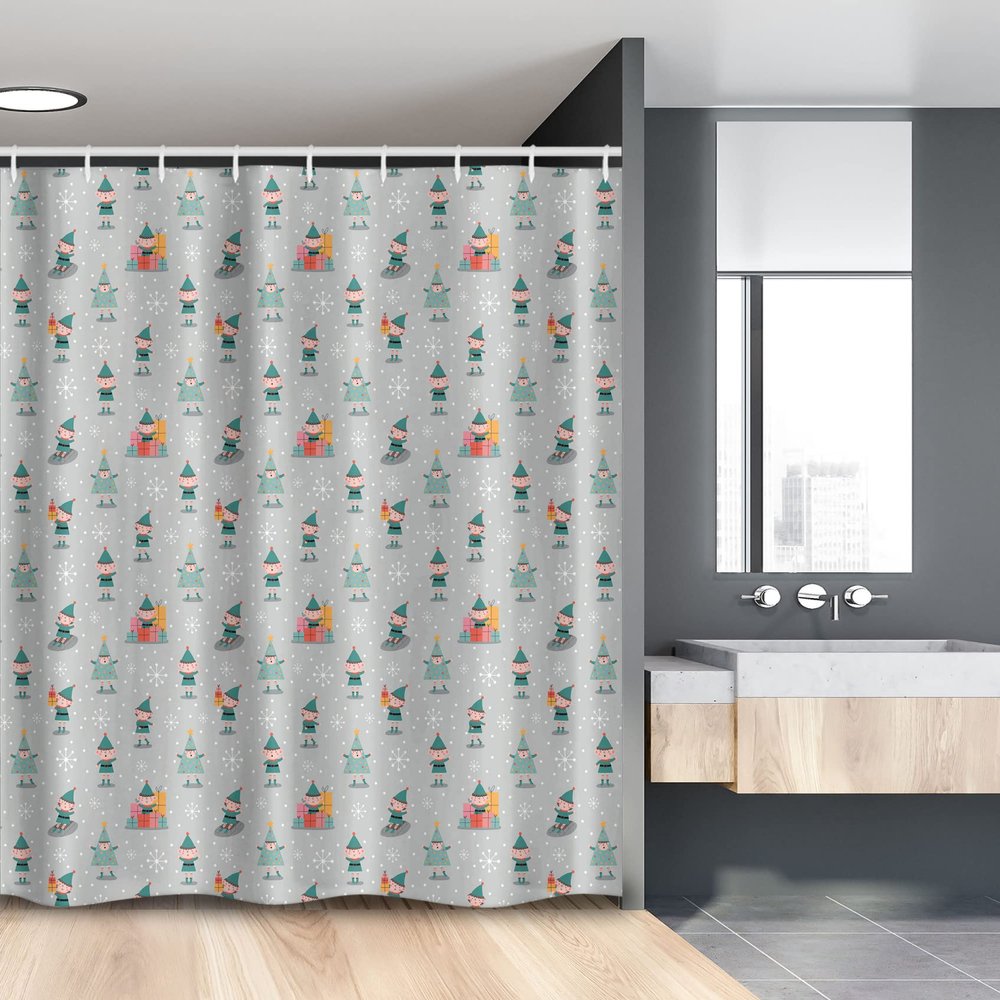 Ambesonne Christmas Stall Shower Curtain, Elves Skiing Merry Xmas Snowflakes Tree Celebration Cartoon, Fabric Bathroom Decor Set with Hooks, 54" W x 78", Sea Green Pale Grey