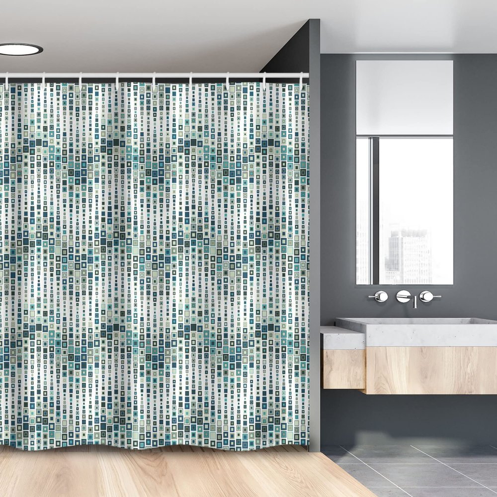 Ambesonne Geometric Stall Shower Curtain, Wave Shape Geometric Color Tile Mosaic Composition with Squares, Fabric Bathroom Decor Set with Hooks, 54" W x 78" L, White Blue