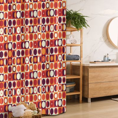 Ambesonne Geometric Stall Shower Curtain, Vintage Sixties Circles with Squares Disc Vibrant Symmetric Motif, Fabric Bathroom Decor Set with Hooks, 36" W x 72" L, Marigold Maroon