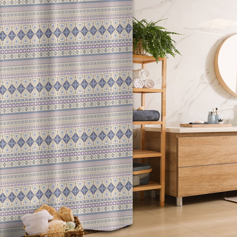 Ambesonne Ethnic Stall Shower Curtain, Antique Detailed Borders National Cultural Ornament Pattern, Fabric Bathroom Decor Set with Hooks, 36" W x 72" L, Eggshell and Blue