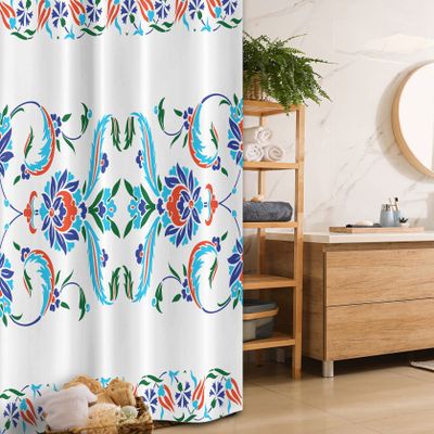 Ambesonne Ethnic Stall Shower Curtain, Old Turkish Ceramic Style with Tulips Vintage Ottoman Heritage Image Print, Fabric Bathroom Decor Set with Hooks, 36" W x 72" L, Blue Red