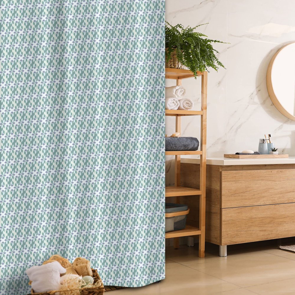 Ambesonne Geometric Stall Shower Curtain, Cubes with Small Squares Dimensional Illusion Effect, Fabric Bathroom Decor Set with Hooks, 36" W x 72" L, Reseda Green Slate Blue