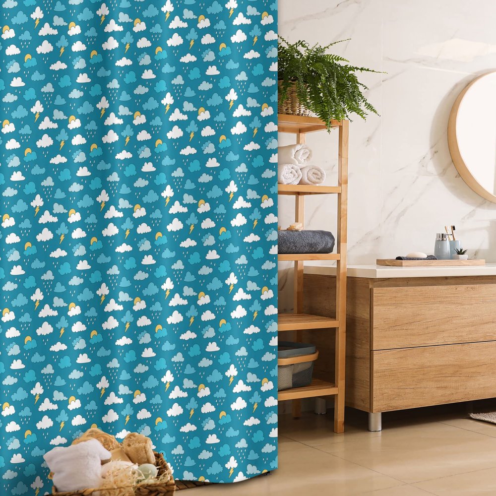 Ambesonne Cartoon Stall Shower Curtain, Raindrops Clouds with Sun Stormy Weather Thunder Lightning Sky Items, Fabric Bathroom Decor Set with Hooks, 36" W x 72" L, Sea Blue White Mustard