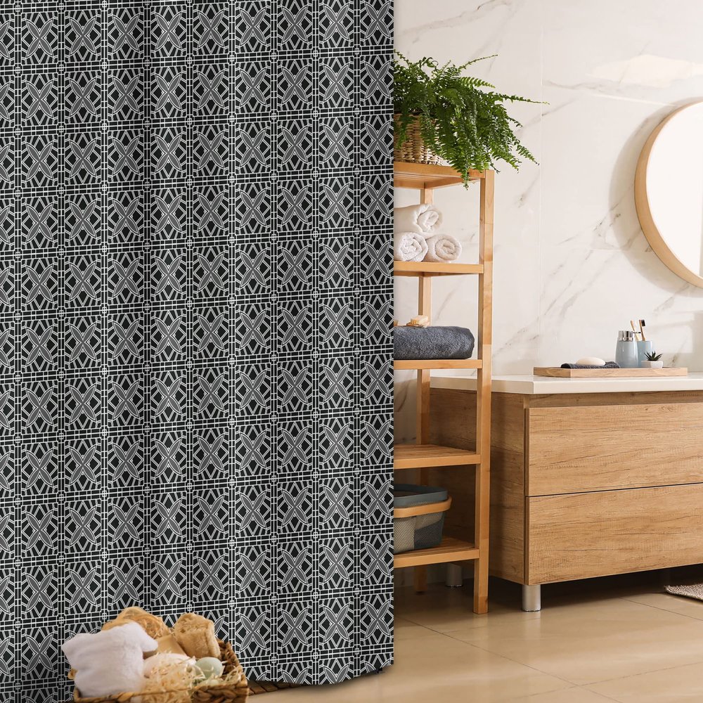 Ambesonne Geometric Stall Shower Curtain, Retro Stripy Flooring Tile Design Composed by Chain Linked Squares, Fabric Bathroom Decor Set with Hooks, 36" W x 72" L, Black Grey and White