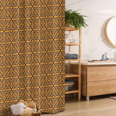 Ambesonne Floral Stall Shower Curtain, Damask Style Curlicue Flower Leaves Squares Bicolored Pattern, Fabric Bathroom Decor Set with Hooks, 36" W x 72" L, Orange Dark Night Blue