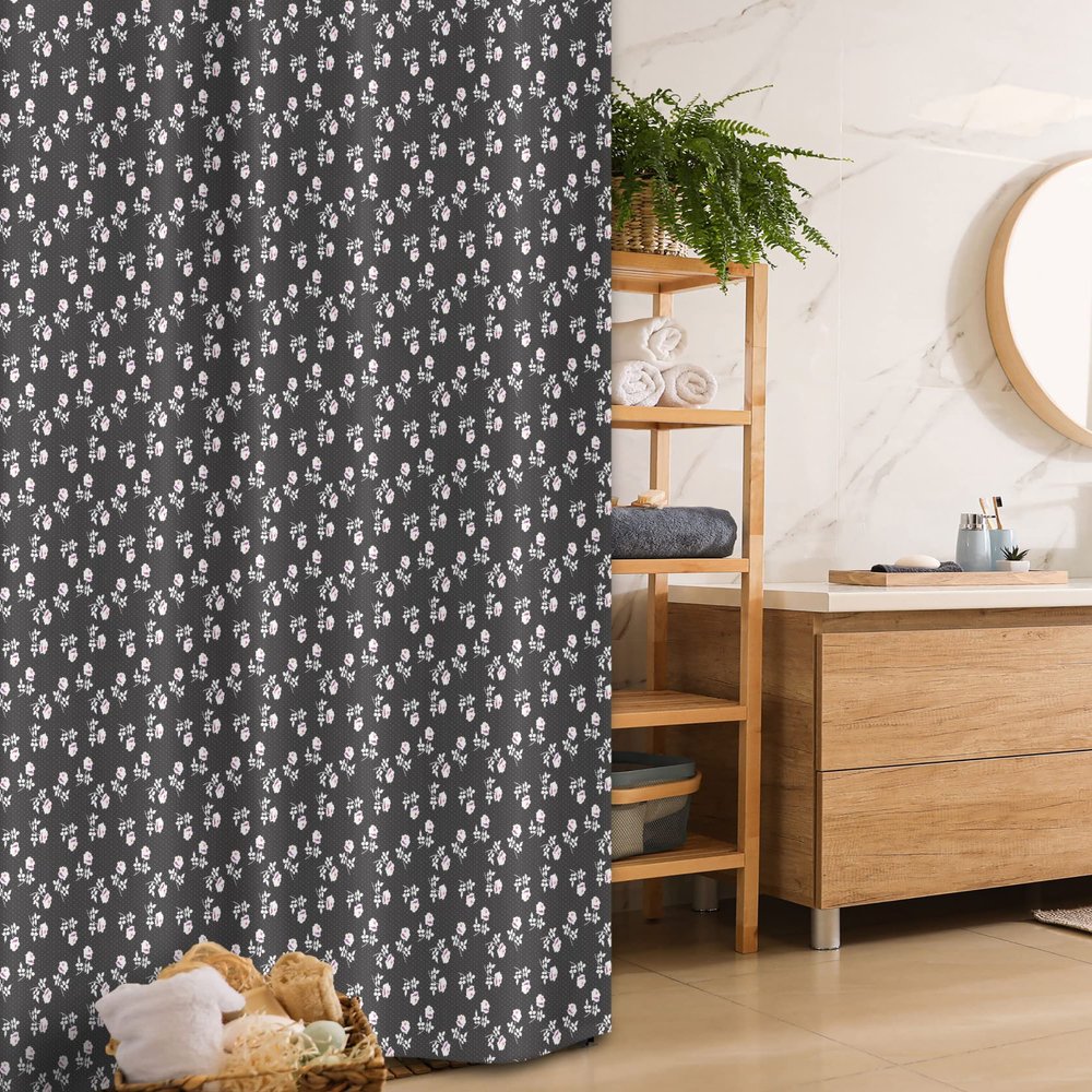 Ambesonne Floral Stall Shower Curtain, Flower Silhouettes on a Background of Mini Polka Dots, Fabric Bathroom Decor Set with Hooks, 36" W x 72" L, Dark Taupe Grey Fuchsia