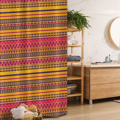Ambesonne Tribal Stall Shower Curtain, Vector Style Inspired Image with Geometric Borders, Fabric Bathroom Decor Set with Hooks, 36" W x 72" L, Multicolor Mustard Magenta