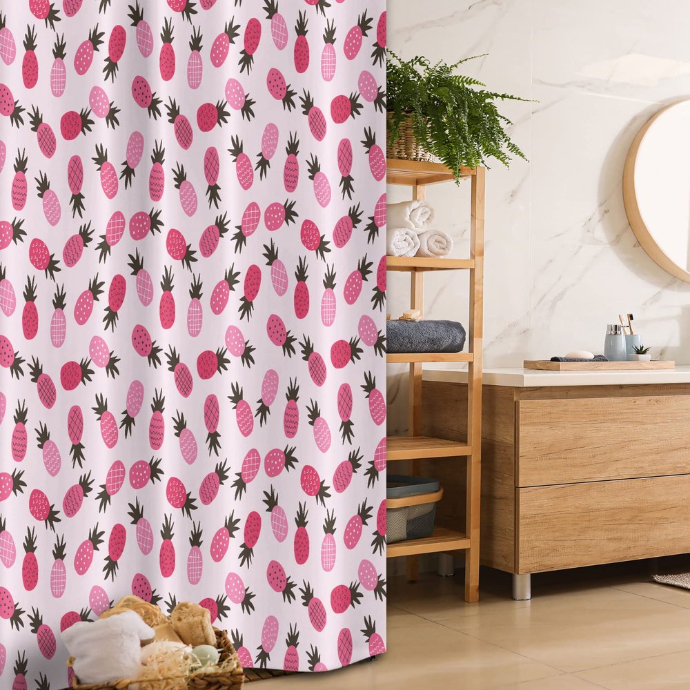 Ambesonne Pineapple Stall Shower Curtain, Doodled Style Exotic Pineapple Scattered Spotted Zigzag Pattern, Fabric Bathroom Decor Set with Hooks, 36" W x 72" L, Pink Black Magenta