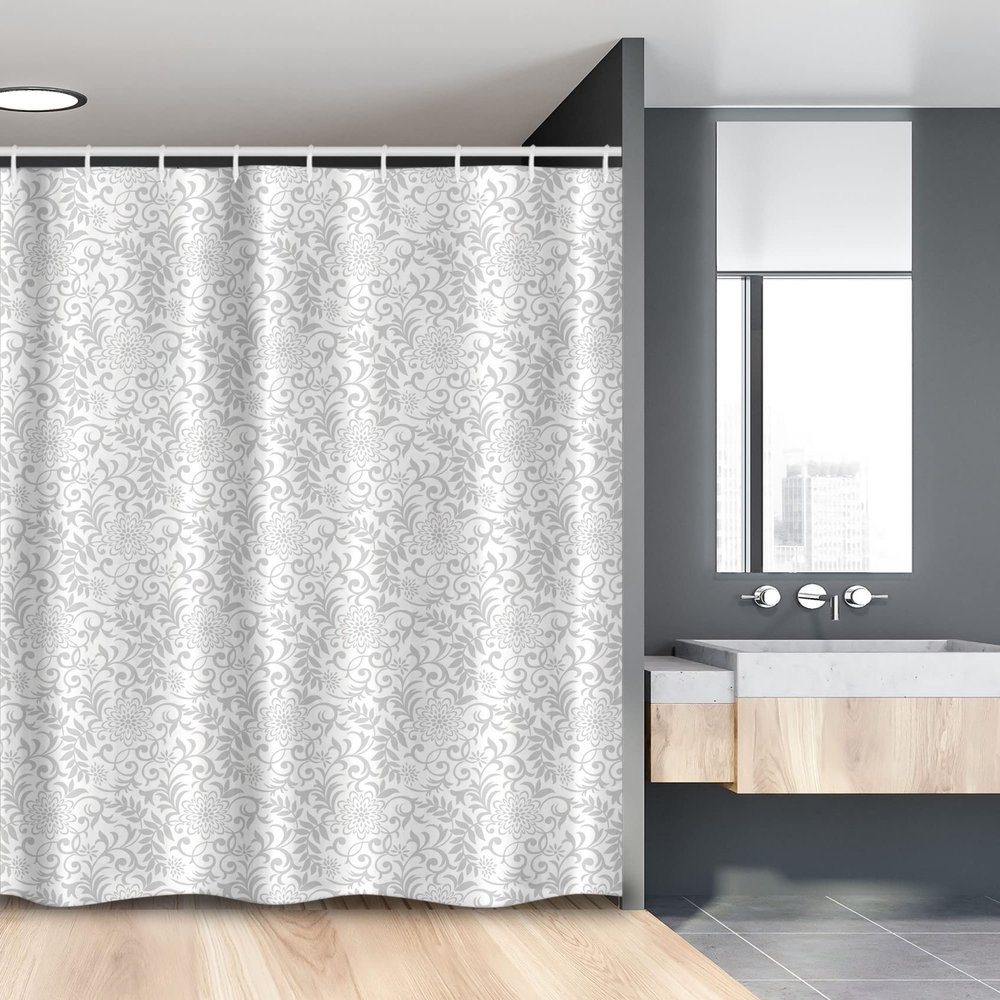 Ambesonne Floral Stall Shower Curtain, Floral Pattern with Abstract Carnation Flower Motifs Swirled Leaves Ornate Antique, Fabric Bathroom Decor Set with Hooks, 54" W x 78" L, Grey White