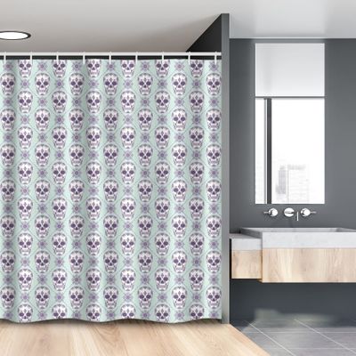 Ambesonne Sugar Skull Stall Shower Curtain, Flower Pattern with Skulls on Geometric Floral Damask Background, Fabric Bathroom Decor Set with Hooks, 54" W x 78", Pale Blue Purple White