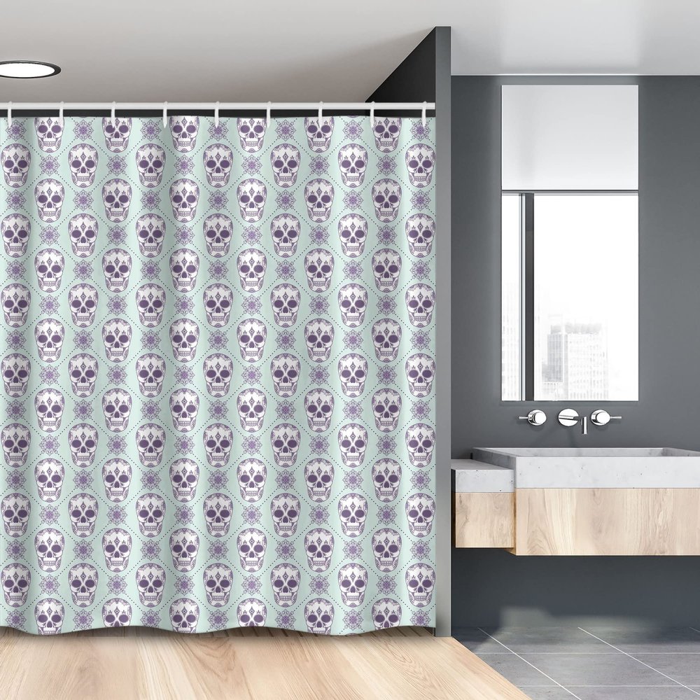Ambesonne Sugar Skull Stall Shower Curtain, Flower Pattern with Skulls on Geometric Floral Damask Background, Fabric Bathroom Decor Set with Hooks, 54" W x 78", Pale Blue Purple White