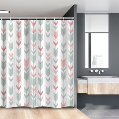 Ambesonne Geometric Stall Shower Curtain, Abstract Design with Chevron Triangles and Stripes Dots Modern Image, Fabric Bathroom Decor Set with Hooks, 54" W x 78" L, Pale Blue and Pink