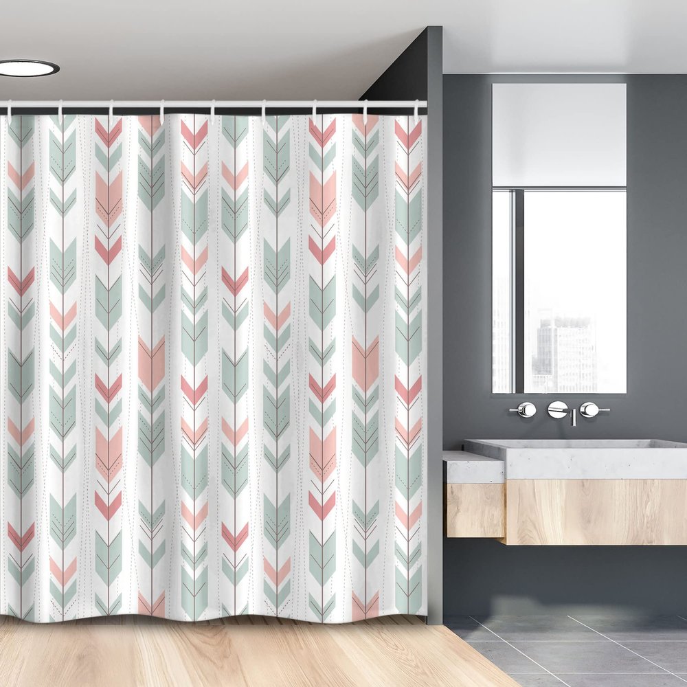 Ambesonne Geometric Stall Shower Curtain, Abstract Design with Chevron Triangles and Stripes Dots Modern Image, Fabric Bathroom Decor Set with Hooks, 54" W x 78" L, Pale Blue and Pink