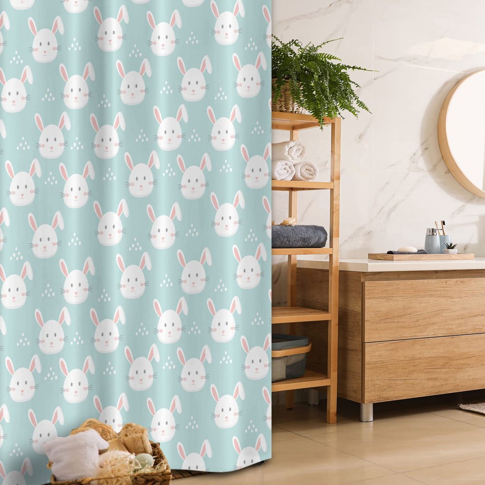 Ambesonne Cartoon Stall Shower Curtain, Easter Bunnies Pattern in Childish Style Rabbits Design, Fabric Bathroom Decor Set with Hooks, 36" W x 72" L, White Blush and Pale Seafoam