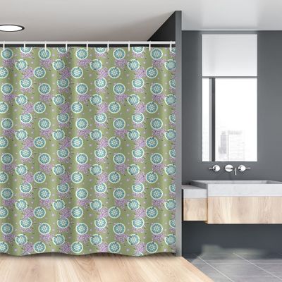 Ambesonne Floral Stall Shower Curtain, Round Ornamented Motif with Spring Flowers, Fabric Bathroom Decor Set with Hooks, 54" W x 78" L, Olive Green Lilac