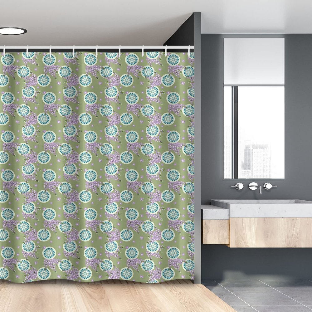 Ambesonne Floral Stall Shower Curtain, Round Ornamented Motif with Spring Flowers, Fabric Bathroom Decor Set with Hooks, 54" W x 78" L, Olive Green Lilac
