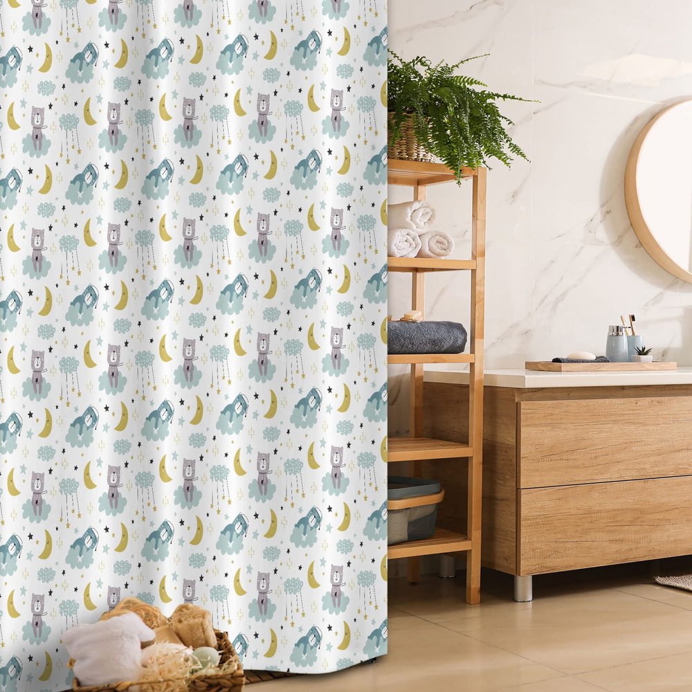 Ambesonne Cartoon Stall Shower Curtain, Childish Pattern with Bears on Clouds Moon Stars in Scandinavian Style, Fabric Bathroom Decor Set with Hooks, 36" W x 72" L, Multicolor