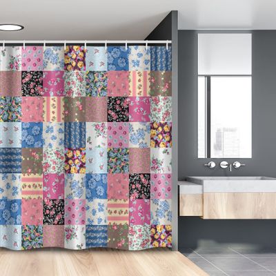 Ambesonne Vintage Stall Shower Curtain, Geometric Checkered Squares with Blooming Flowers Spring Season Plant Arrangement, Fabric Bathroom Decor Set with Hooks, 54" W x 78" L, Soft Blue Dark Pink