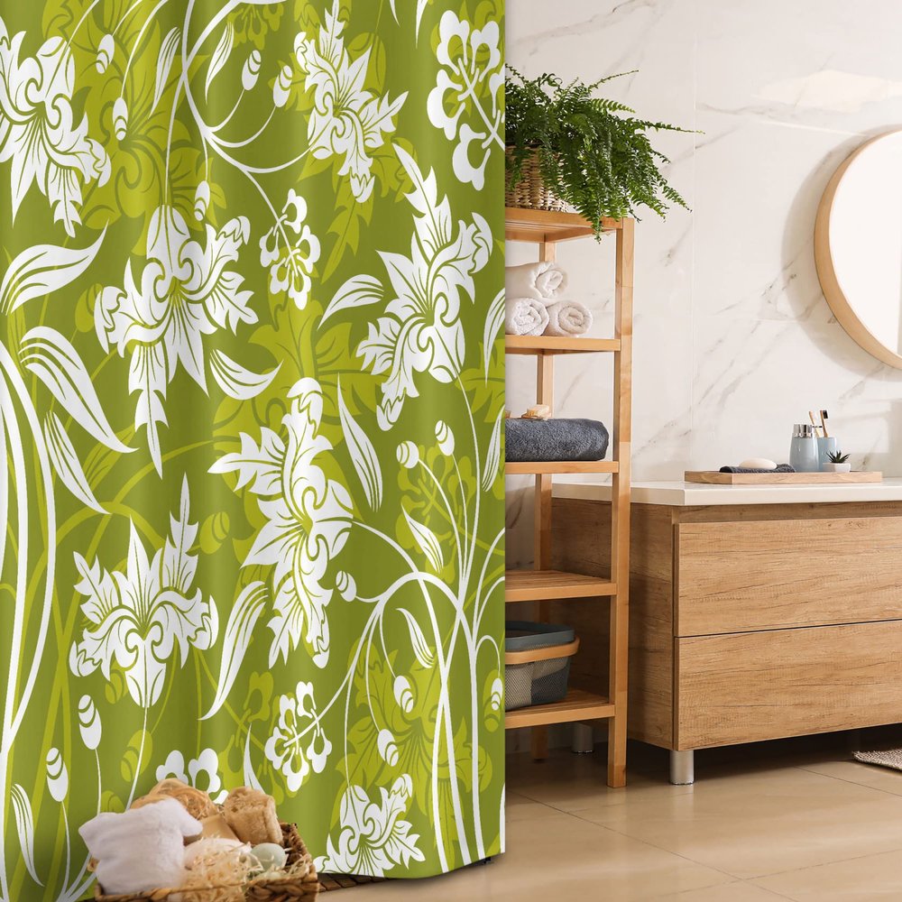 Ambesonne Floral Stall Shower Curtain, Flourishing Flower Pattern on Green Background Nature Illustration, Fabric Bathroom Decor Set with Hooks, 36" W x 72" L, Pale Green White