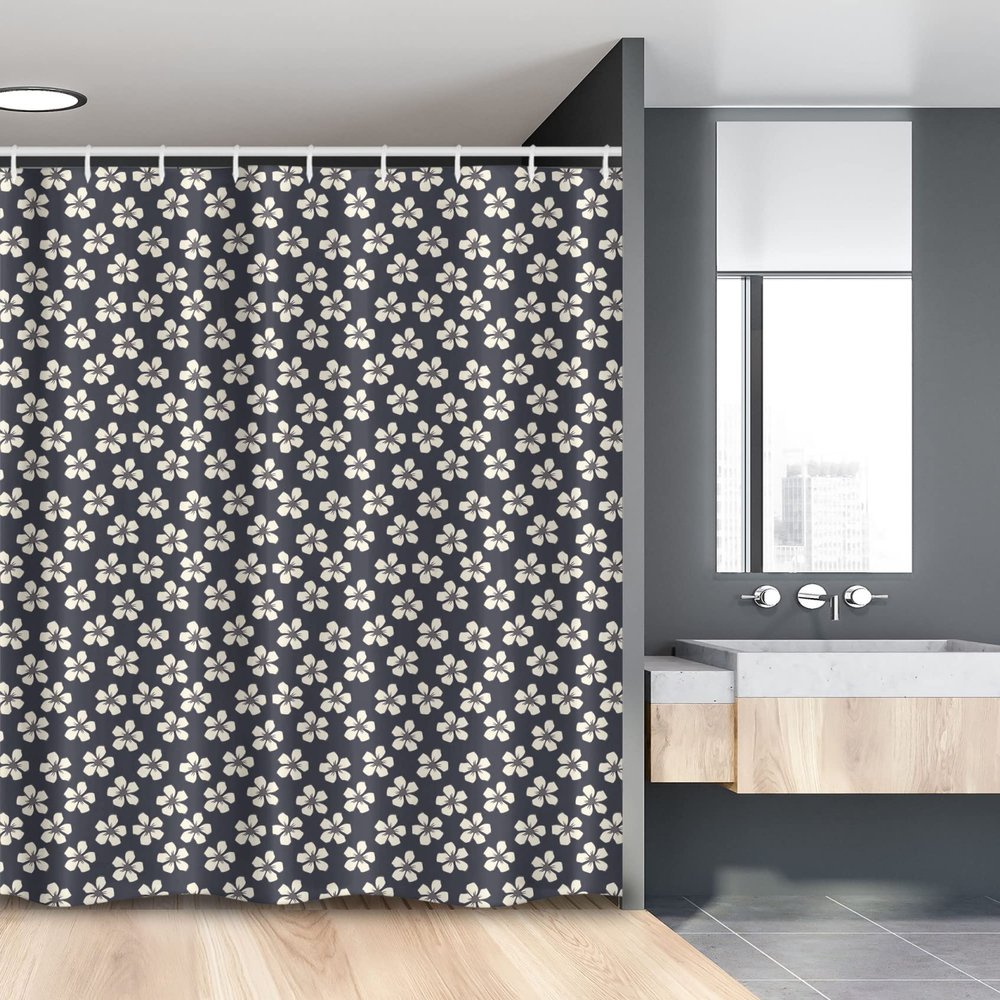 Ambesonne Floral Stall Shower Curtain, Cherry Flowers on Dark Blue Toned Background Blooming Spring Nature, Fabric Bathroom Decor Set with Hooks, 54" W x 78" L, Dark Blue Grey Ivory