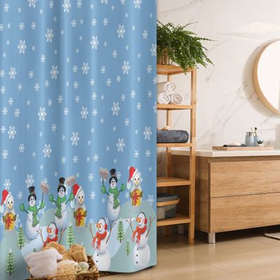 Ambesonne Christmas Stall Shower Curtain, Snowman Party Themed Cartoon Composition Winter Season Elements Trees Snowflakes, Fabric Bathroom Decor Set with Hooks, 36" W x 72" L, Seafoam Blue