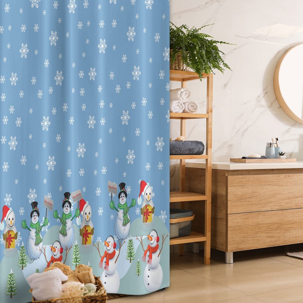 Ambesonne Christmas Stall Shower Curtain, Snowman Party Themed Cartoon Composition Winter Season Elements Trees Snowflakes, Fabric Bathroom Decor Set with Hooks, 36" W x 72" L, Seafoam Blue