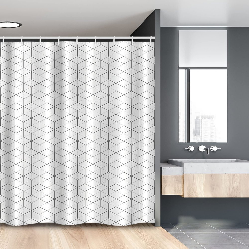 Ambesonne Geometric Stall Shower Curtain, Abstract Line Image Shapes Triangles Hexagonals Squares Stripes Form, Fabric Bathroom Decor Set with Hooks, 54" W x 78" L, Black and White