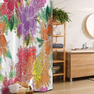 Ambesonne Floral Stall Shower Curtain, Chaotic Design Illustration of Abstract Colorful Flowers in Watercolor Effect, Fabric Bathroom Decor Set with Hooks, 36" W x 72" L, White Multicolor