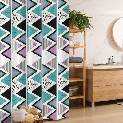 Ambesonne Geometric Stall Shower Curtain, 80s Memphis Zigzag Triangles Dotted and Striped Design, Fabric Bathroom Decor Set with Hooks, 36" W x 72" L, Lavender Cadet Blue