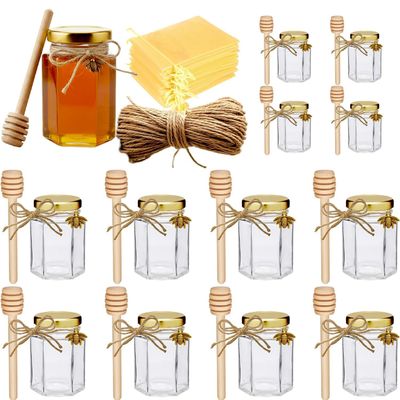 Adabocute 4oz Hexagonal Honey Jars - Glass Honey Jars with Gold Lids, Wooden Dippers, Bee Charms and Jutes - Hexagon Jars for Baby Shower, Wedding and Party Favors, 12 Pack