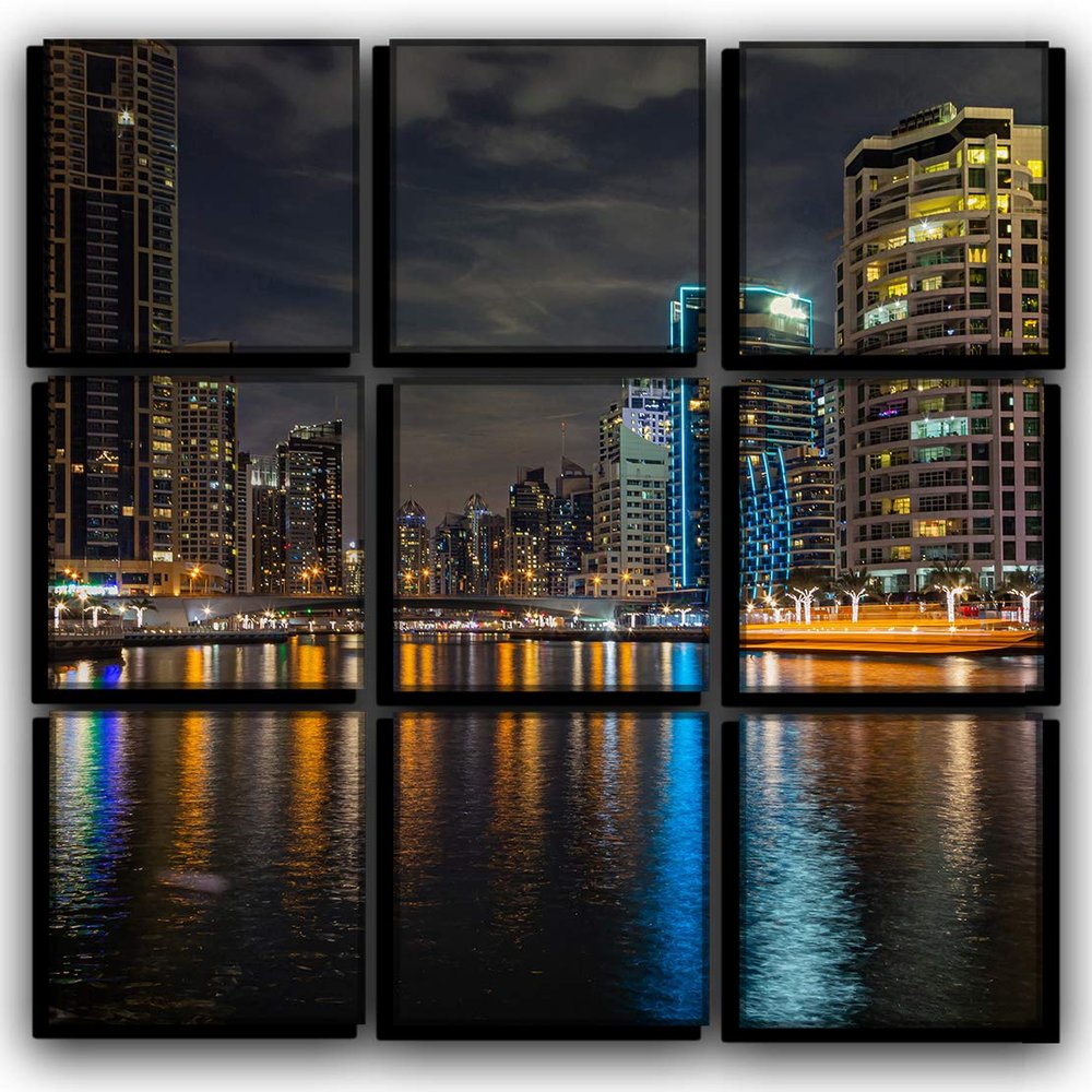 Big 9 Piece Dubai Marina Wall Art Decor Picture Painting Poster Print on Canvas Panels Pieces - Cityscape Theme Wall Decoration Set - Skyscraper Wall Picture for Living Room Bedroom 30 by 30 in