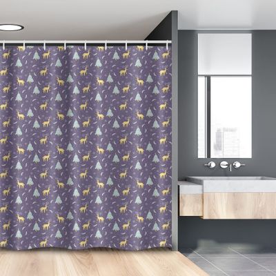 Ambesonne Christmas Stall Shower Curtain, Christmas Themed Winter Snow Feather Deer and Pine Tree Composition, Fabric Bathroom Decor Set with Hooks, 54" W x 78" L, Mustard and Purple Grey