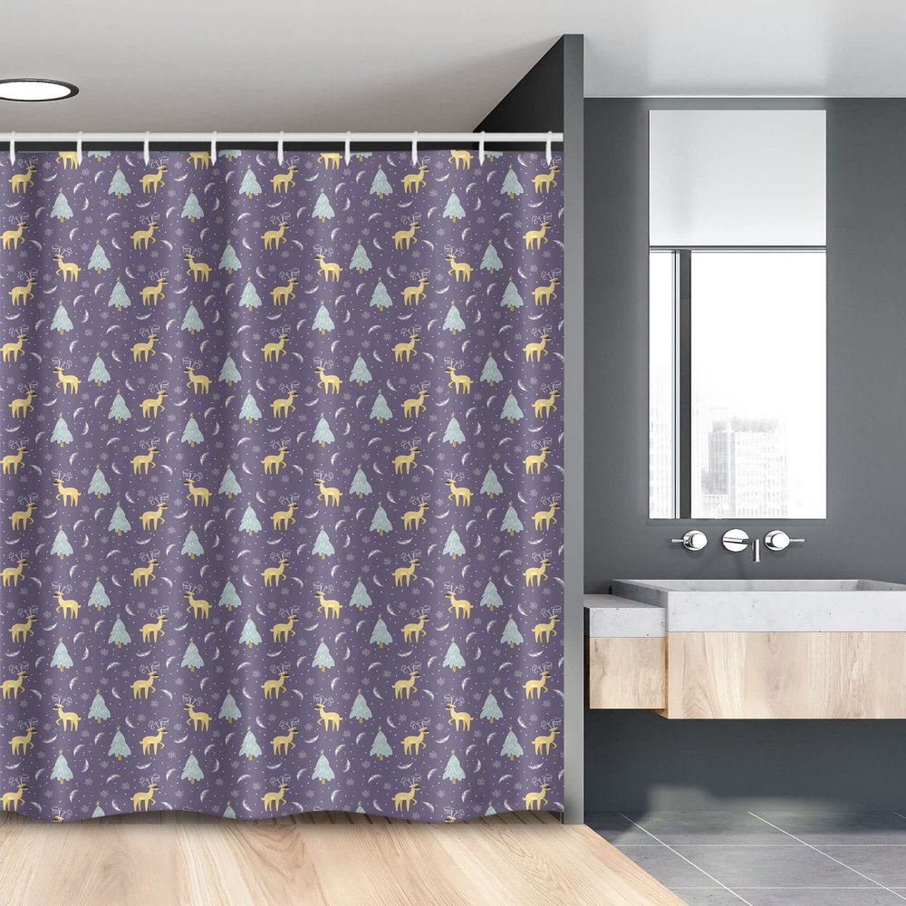 Ambesonne Christmas Stall Shower Curtain, Christmas Themed Winter Snow Feather Deer and Pine Tree Composition, Fabric Bathroom Decor Set with Hooks, 54" W x 78" L, Mustard and Purple Grey