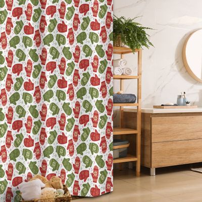 Ambesonne Christmas Stall Shower Curtain, Art Xmas Theme Winter Gloves Pattern with Snowflakes and Nordic Roses Print, Fabric Bathroom Decor Set with Hooks, 36" W x 72" L, Green Red and White