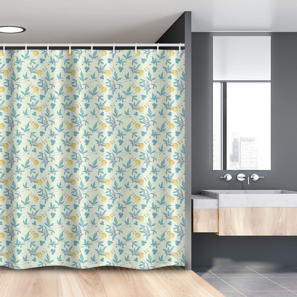 Ambesonne Floral Stall Shower Curtain, Hand Drawn Inspired Design of Forest Flowers Leaves Soft Tones, Fabric Bathroom Decor Set with Hooks, 54" W x 78" L, Mint Green Blue and Mustard