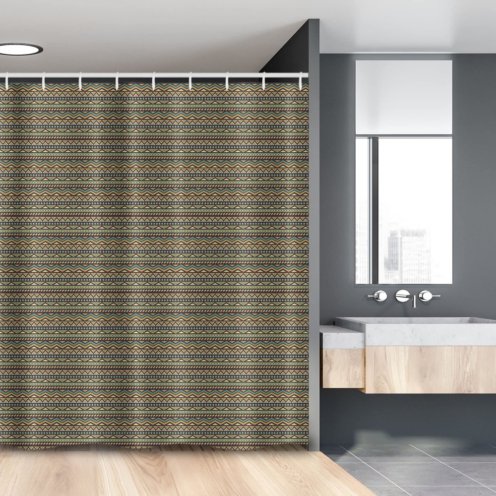 Ambesonne African Stall Shower Curtain, Folkloric Style Geometric Triangles Funky Folk Bohemian Stripes, Fabric Bathroom Decor Set with Hooks, 54" W x 78" L, Pale Coffee and Jade Green