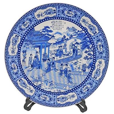 ORIENTAL Furniture Warehouse 14" Chinese Porcelain Plate Painted Blue & White Lady Dancers with Stand