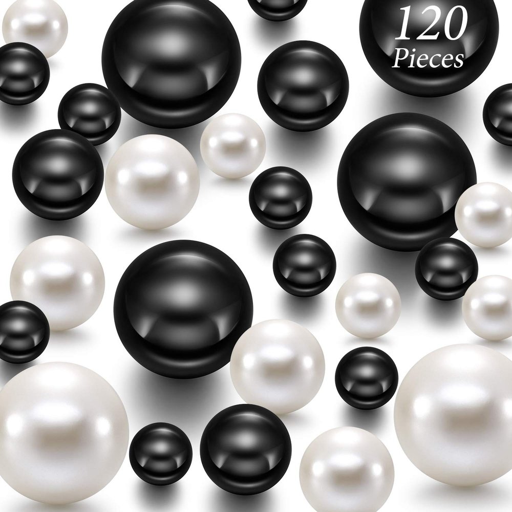 Hicarer 120 Pieces Pearl for Vase Filler Pearl Bead Vase Centerpieces Brush Holder Assorted Round Faux Bead for Crafting, Home Wedding Table Decor 14/20/30 mm(Creamy White, Bright Black)