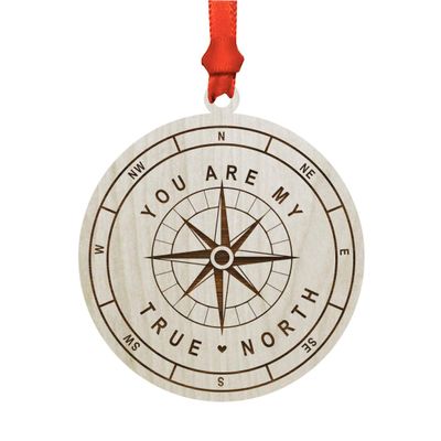 Andaz Press Engraved Real Natural Wood Keepsake Monogram Christmas Valentine's Day Ornament Gift, You are My True North, Compass Shape, 1-Pack, Couple's Wedding Anniversary Adventure Christmas Tree