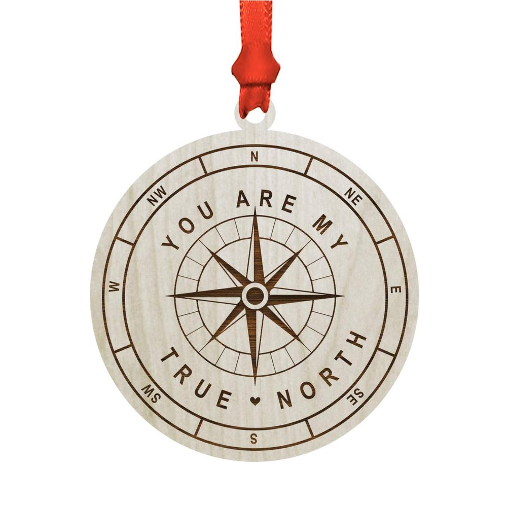 Andaz Press Engraved Real Natural Wood Keepsake Monogram Christmas Valentine's Day Ornament Gift, You are My True North, Compass Shape, 1-Pack, Couple's Wedding Anniversary Adventure Christmas Tree