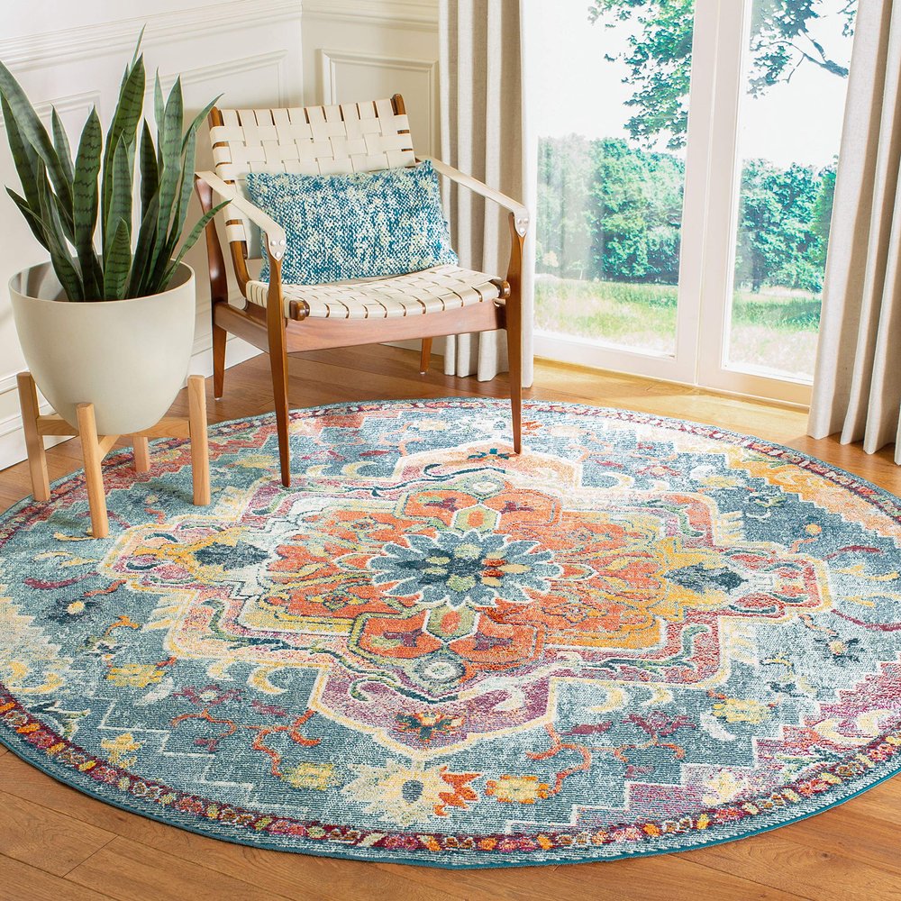 SAFAVIEH Crystal Collection 4' Round Teal/Orange CRS501J Boho Chic Oriental Medallion Distressed Non-Shedding Dining Room Entryway Foyer Living Room Bedroom Area Rug