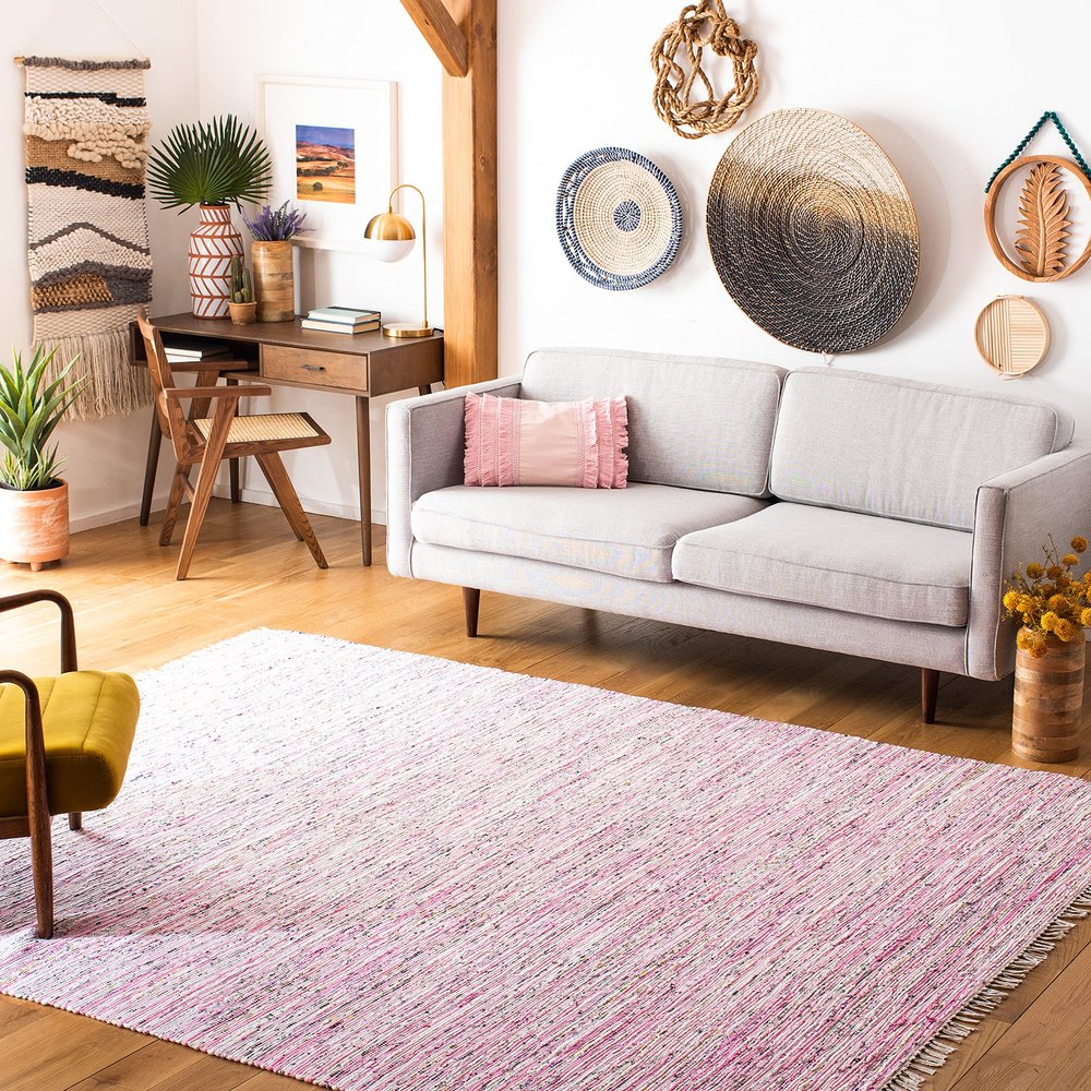 SAFAVIEH Rag Rug Collection Area Rug - 6' Square, Light Pink & Multi, Handmade Boho Stripe Cotton, Ideal for High Traffic Areas in Living Room, Bedroom (RAR125E)